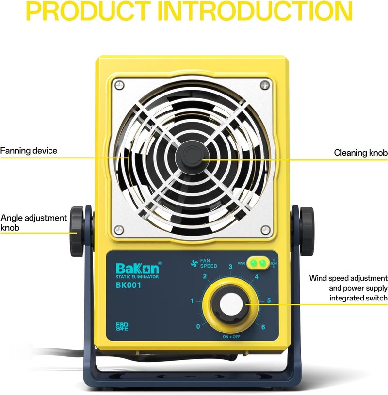 BAKON Anti-Static Ion Fan, Ion Electric Fan, Static Eliminator, Electronic Manufacturing Maintenance, Scientific Research Laboratory, Chip Packaging to Eliminate Static Electricity (BK001-Yellow) - Image 2